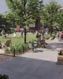 People sitting and walking around The Brickyard Square